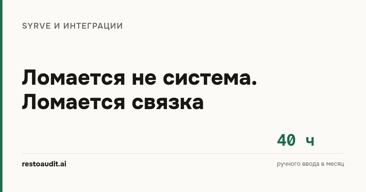 Светлая обложка статьи: «Ломается не система. Ломается связка» и цифра 40 часов - ручного ввода в месяц